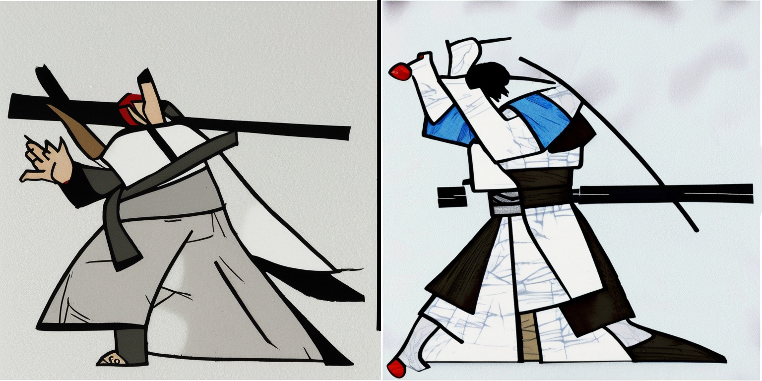 prompt: “a man fighting in the style of <samurai-jack>”