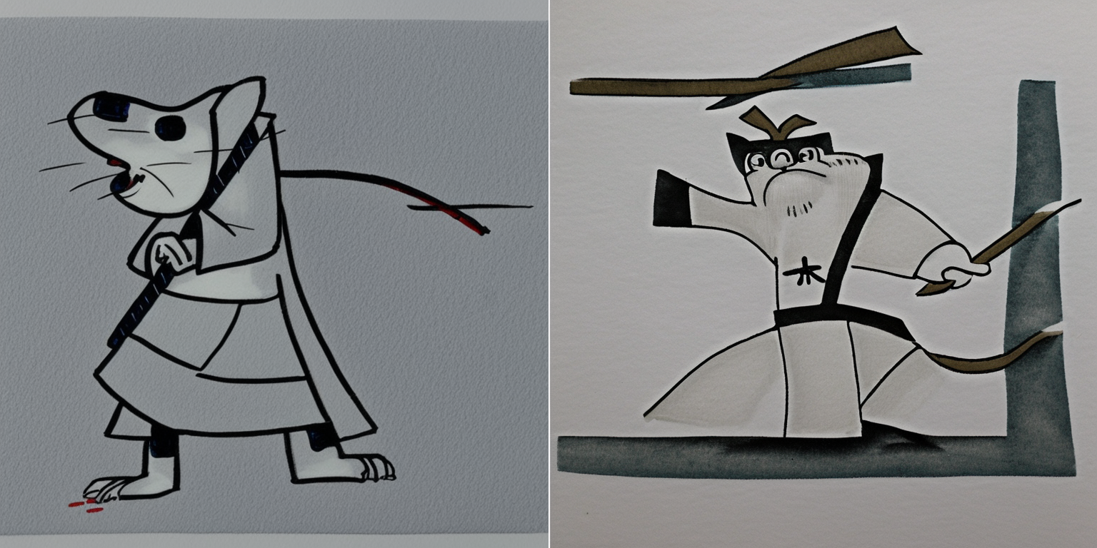 prompt: “a mouse in the style of <samurai-jack>”