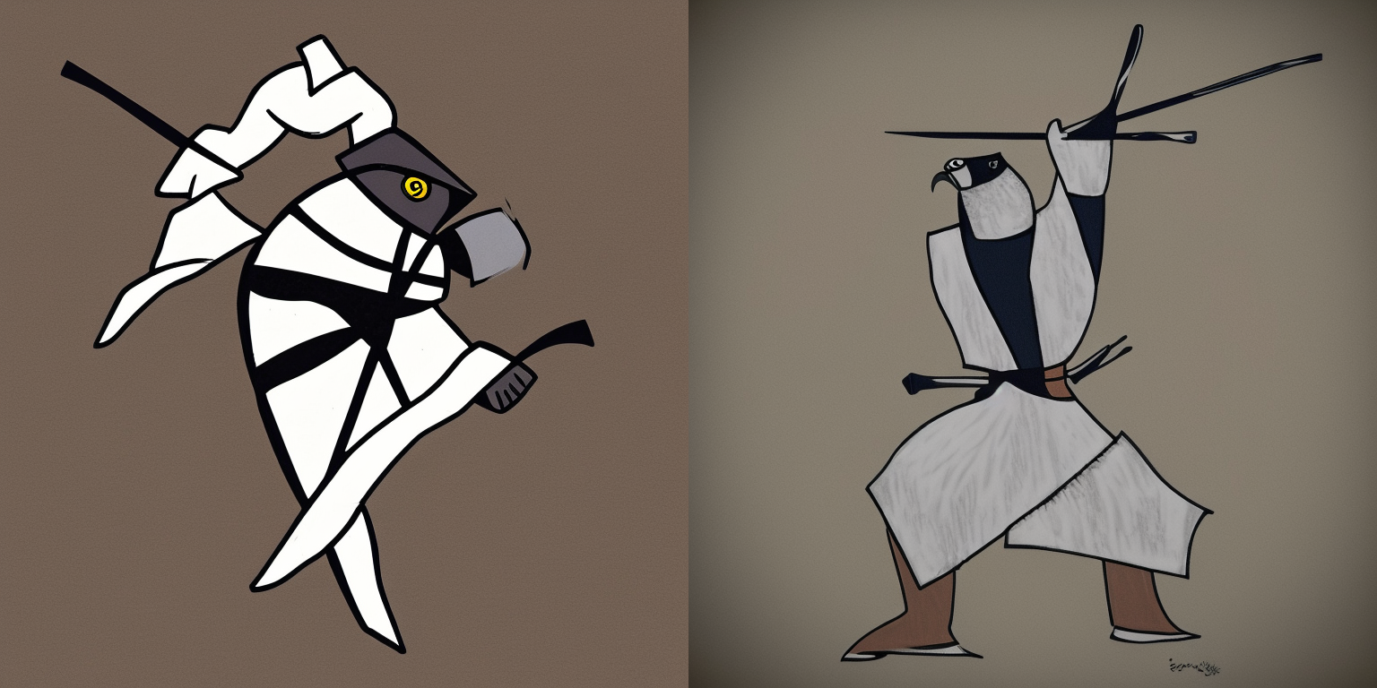 prompt: “an african gray swordfighting in the style of <samurai-jack>”