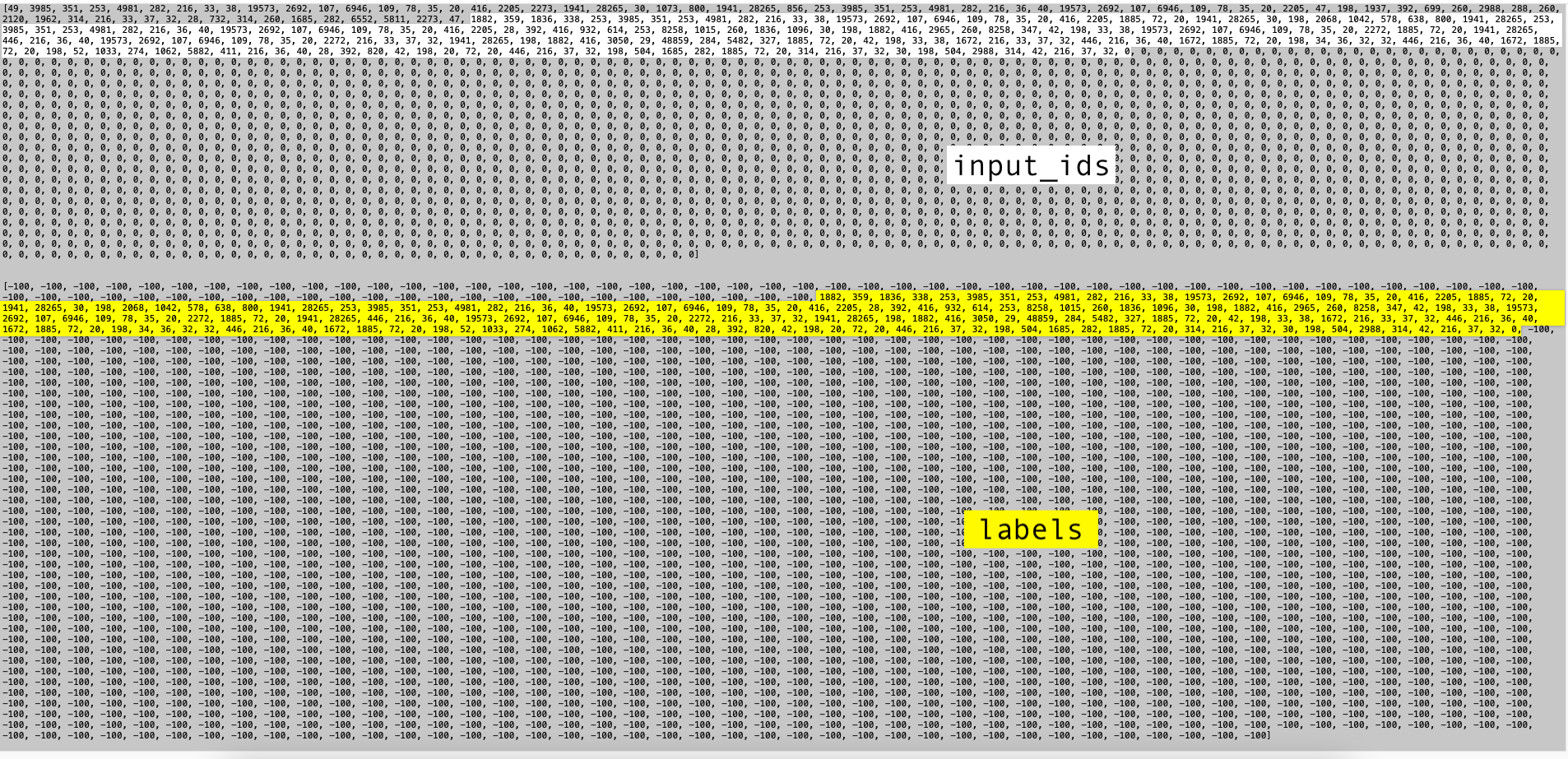 input_ids (top) and labels (bottom) with the response highlighted in yellow