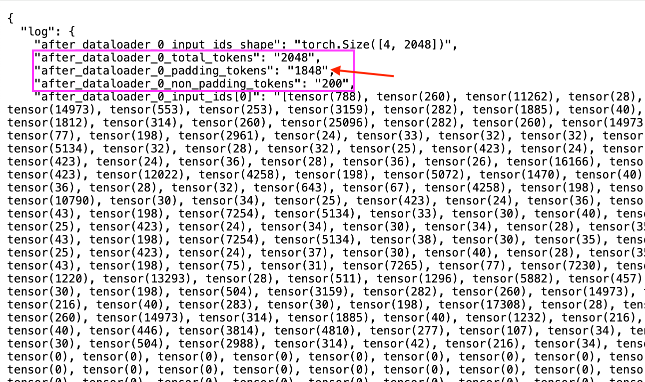 log without using BinPackCollator. Note that the number of padding tokens represent ~90% of the max sequence length of 2048